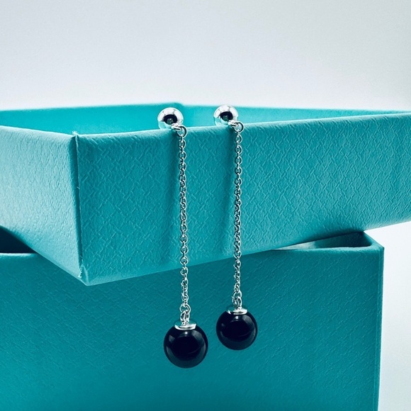 Retired Tiffany & Co. Ziegfeld Onyx Drop Earrings Sterling Silver with Packaging - Picture 1 of 12